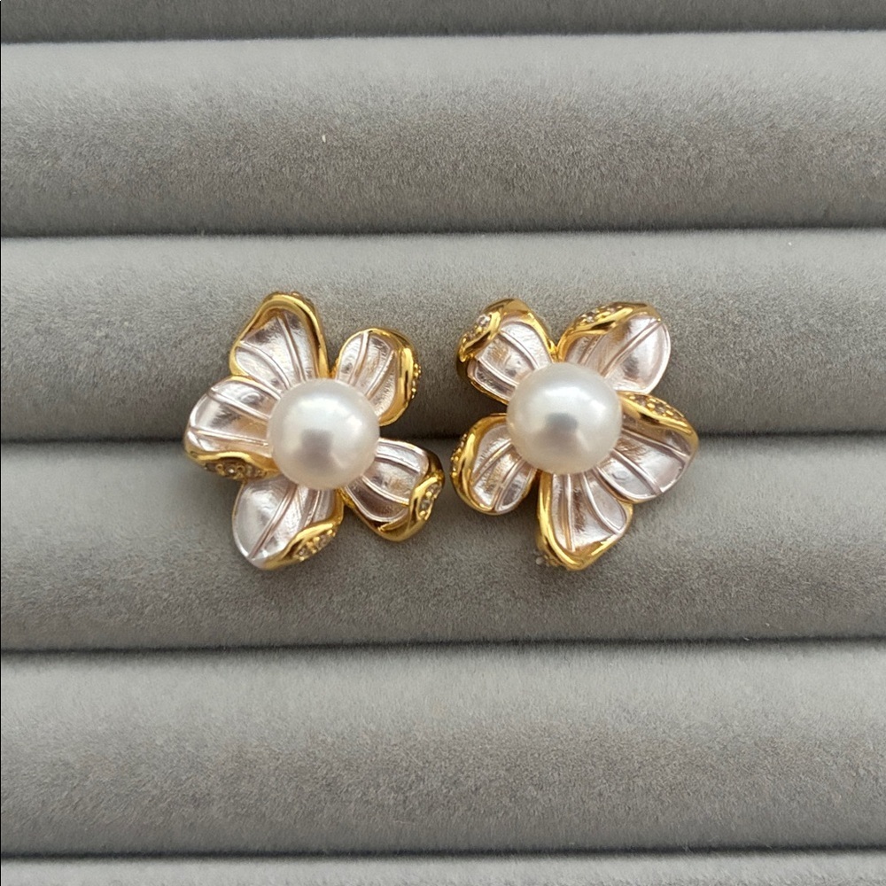 Silver Pearl Earrings | Sterling Silver Posts | Floral Christmas Gift for Her